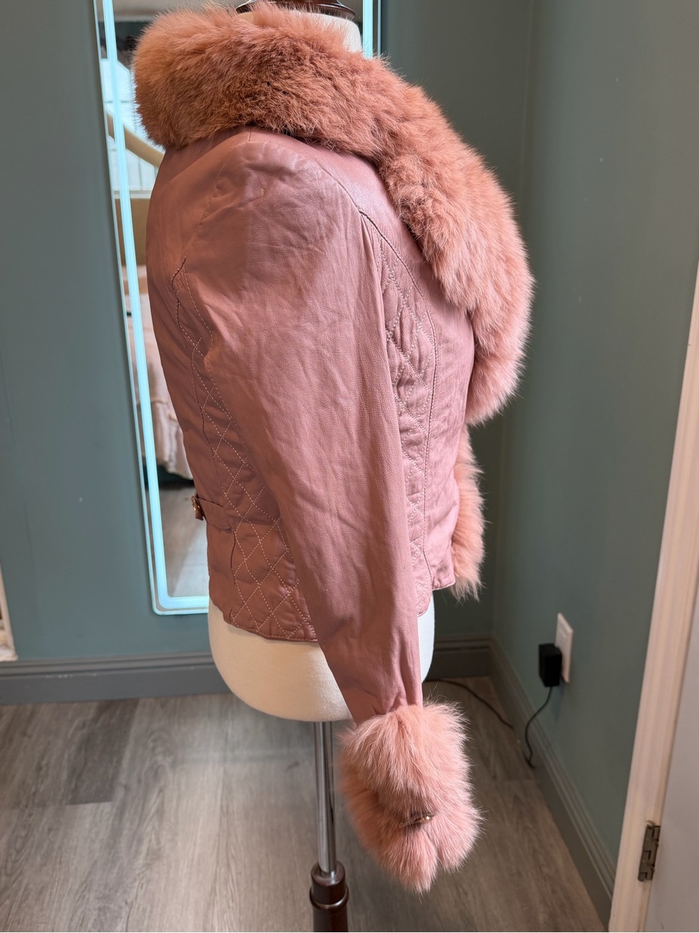 Vintage Pink sheep Leather Fox Fur Jacket XS Y2K Cropped - Picture 3 of 14